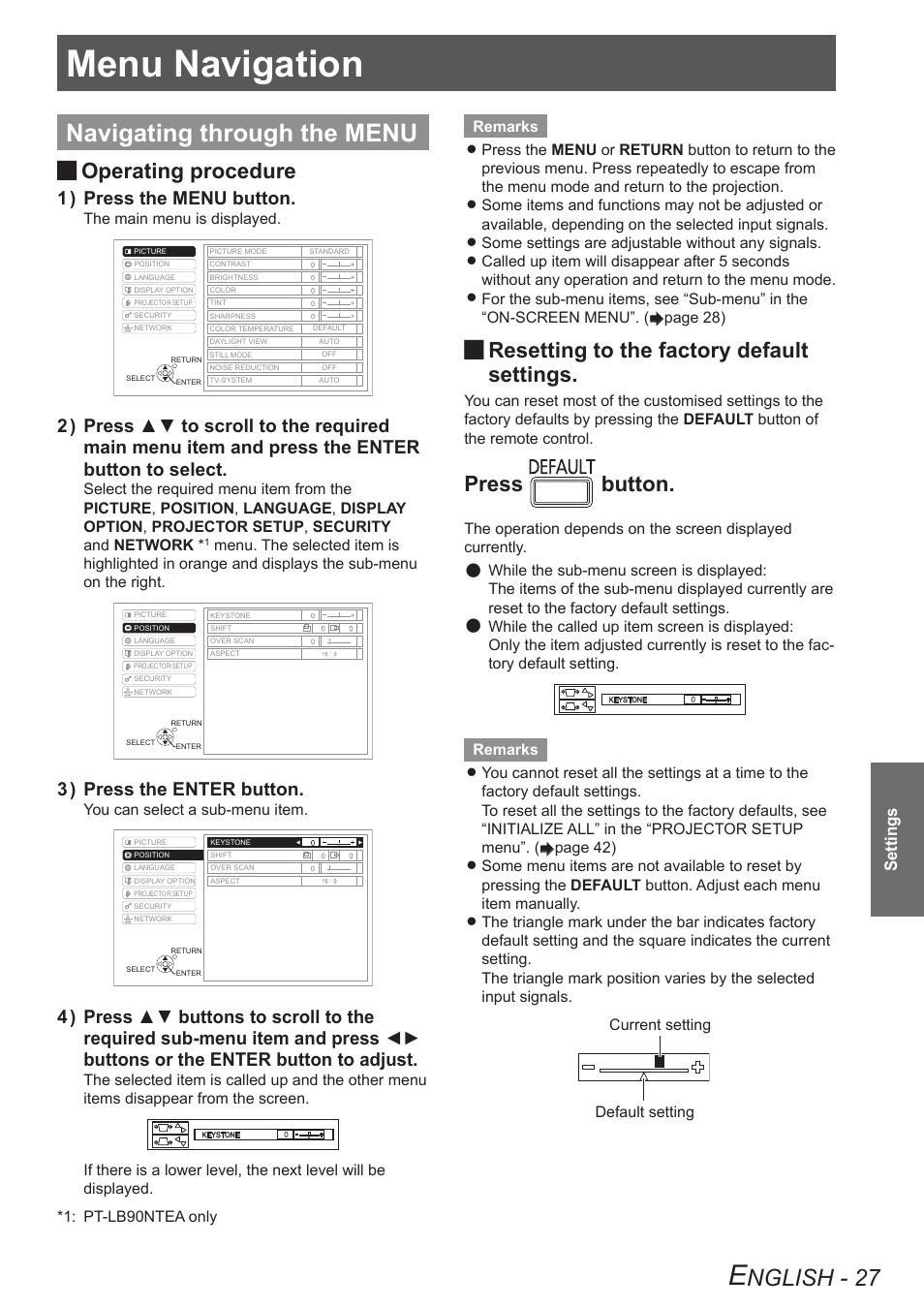 Settings, Menu navigation, Navigating through the menu | Nglish - 27, Operating procedure, Resetting to the factory default, Press button, Press the menu button. 1 ), Press the enter button. 3 ) | Panasonic TQBJ0303-1 User Manual | Page 27 / 58