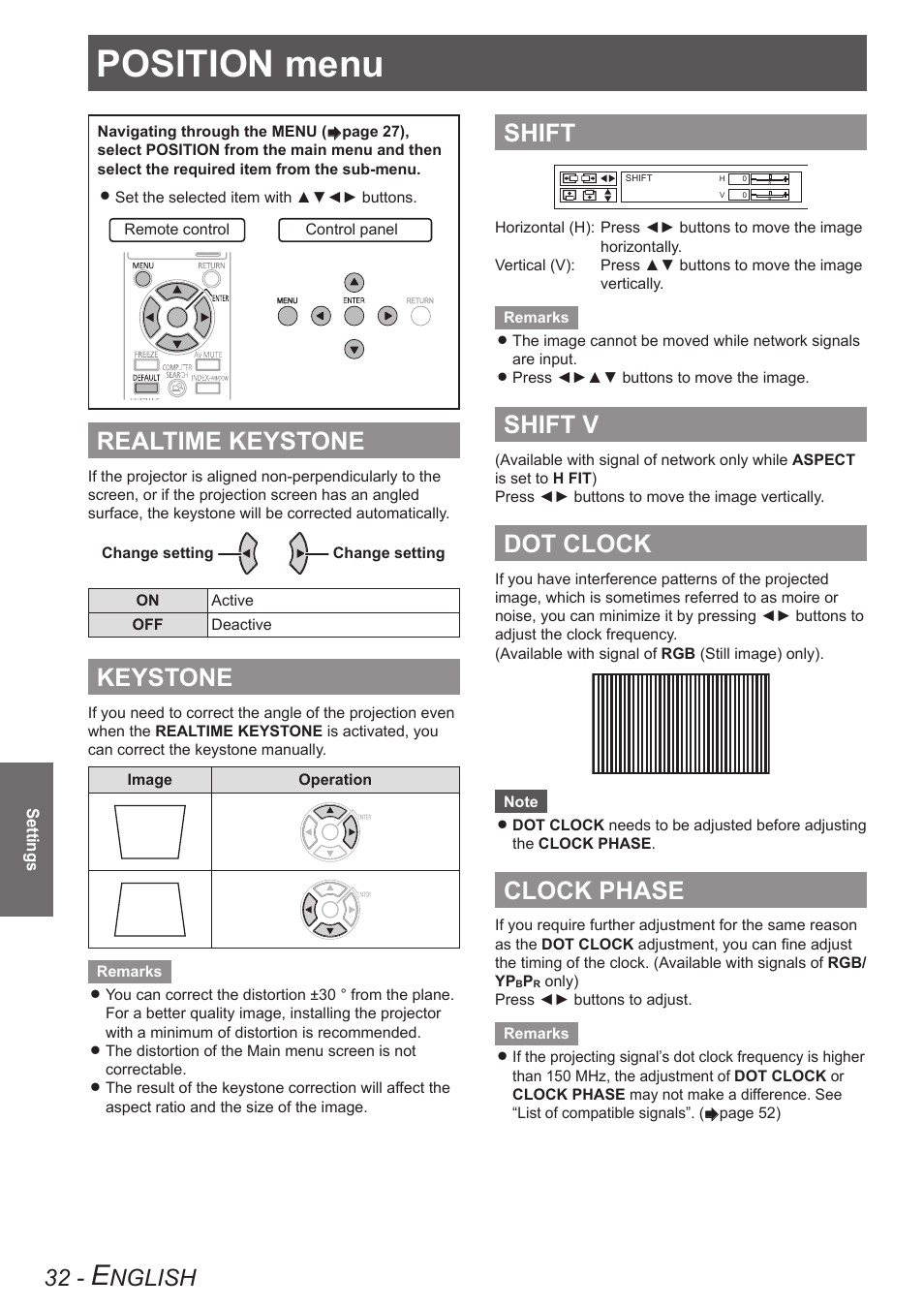 Position menu, Realtime keystone, Keystone | Shift, Shift v, Dot clock, Clock phase, Nglish | Panasonic TQBJ0303-1 User Manual | Page 32 / 58