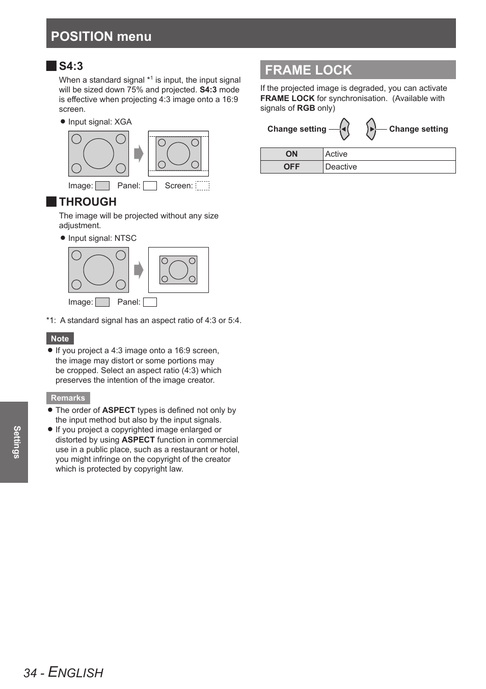 Frame lock, Position menu, Nglish | S4:3, Through | Panasonic TQBJ0303-1 User Manual | Page 34 / 58