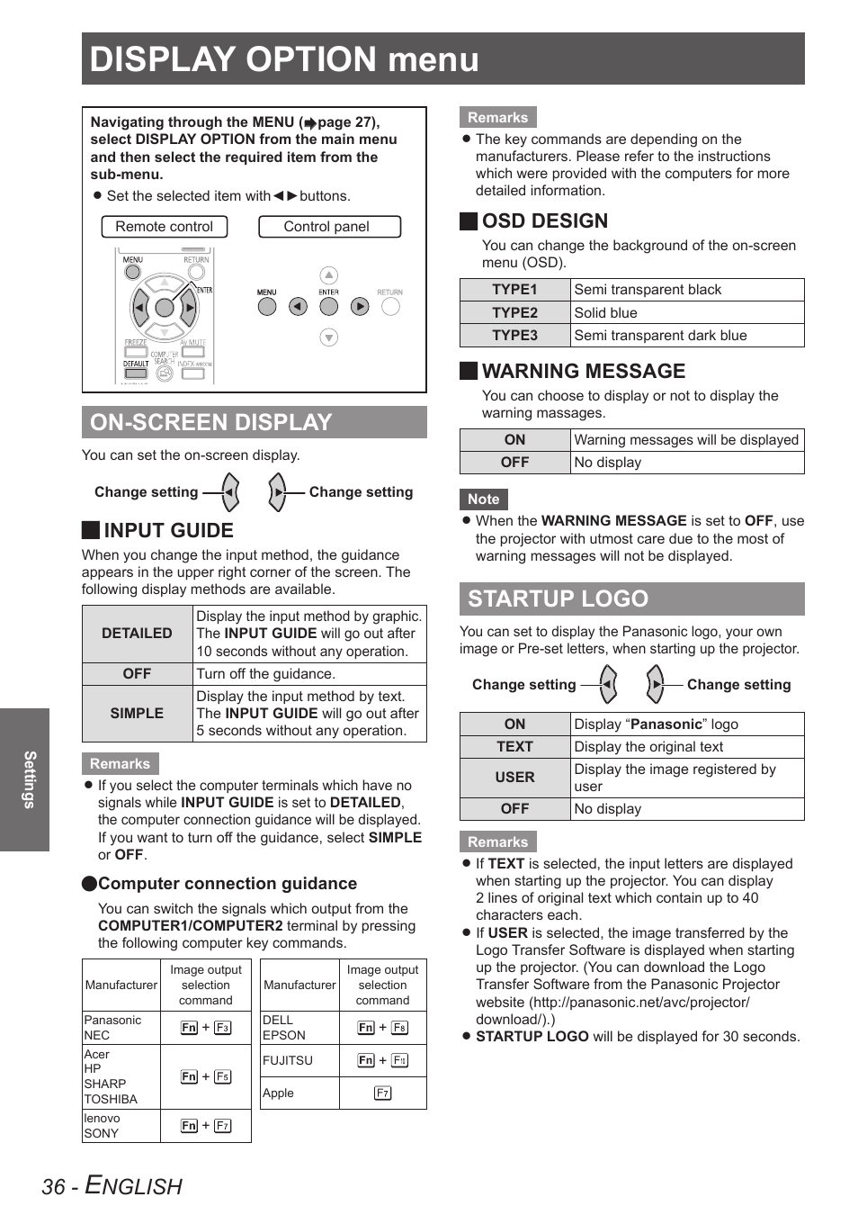Display option menu, On-screen display, Startup logo | Nglish, Input guide, Osd design, Warning message | Panasonic TQBJ0303-1 User Manual | Page 36 / 58