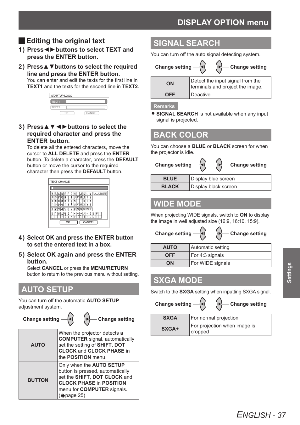 Auto setup, Signal search, Back color | Wide mode, Sxga mode, Display option menu, Nglish - 37, Editing the original text | Panasonic TQBJ0303-1 User Manual | Page 37 / 58
