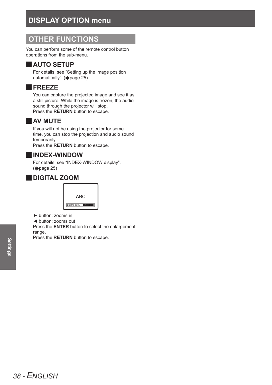 Other functions, Display option menu, Nglish | Auto setup, Freeze, Av mute, Index-window, Digital zoom | Panasonic TQBJ0303-1 User Manual | Page 38 / 58
