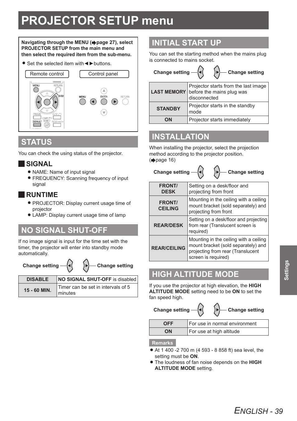 Projector setup menu, Status, No signal shut-off | Initial start up, Installation, High altitude mode, Nglish - 39, Signal, Runtime | Panasonic TQBJ0303-1 User Manual | Page 39 / 58