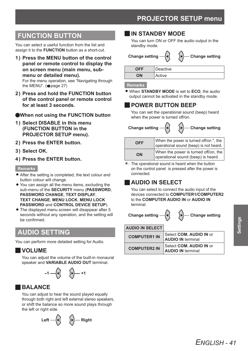 Function button, Audio setting, Projector setup menu | Nglish - 41, Volume, Balance, Power button beep, Audio in select | Panasonic TQBJ0303-1 User Manual | Page 41 / 58