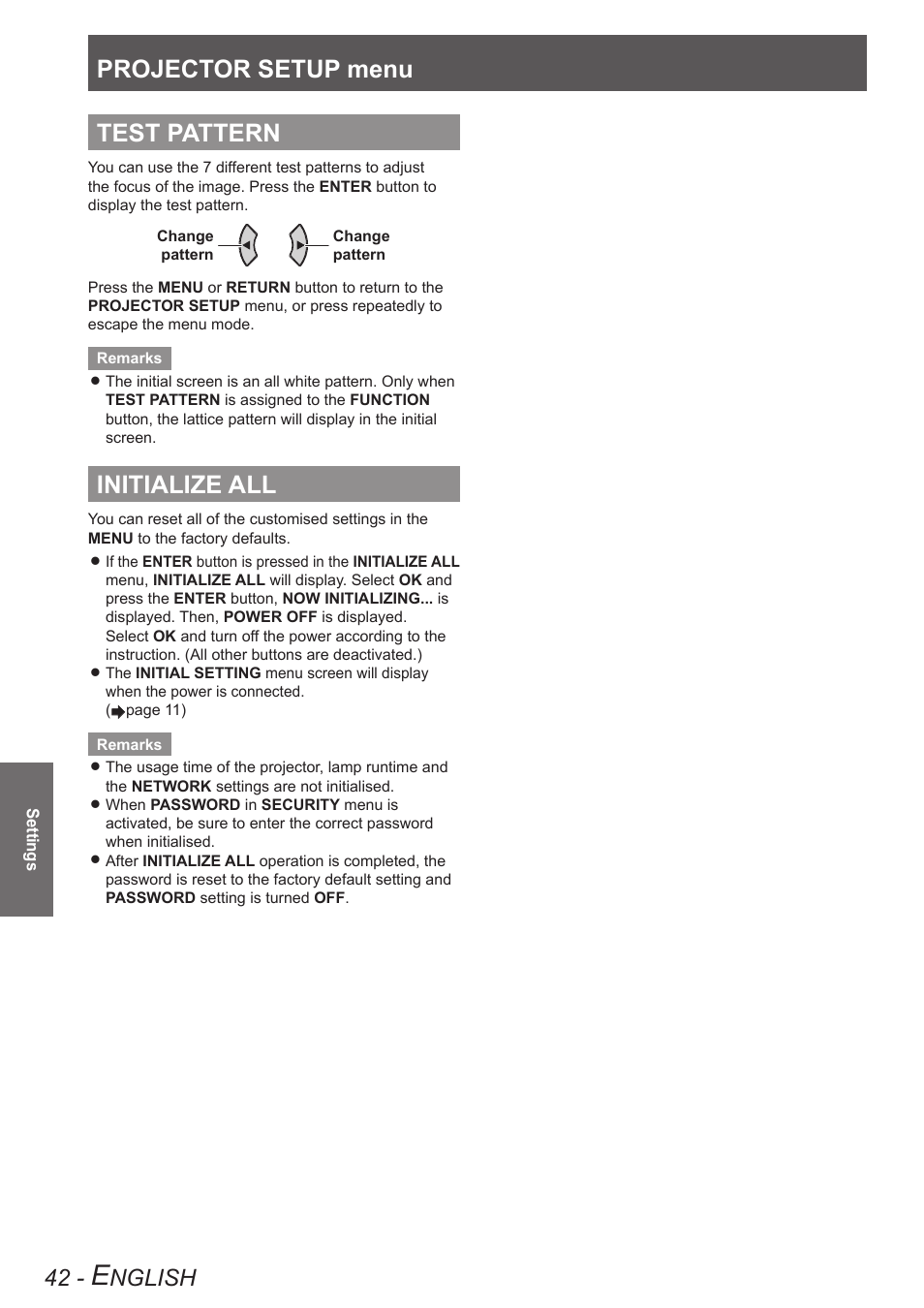 Test pattern, Initialize all, Projector setup menu | Nglish | Panasonic TQBJ0303-1 User Manual | Page 42 / 58