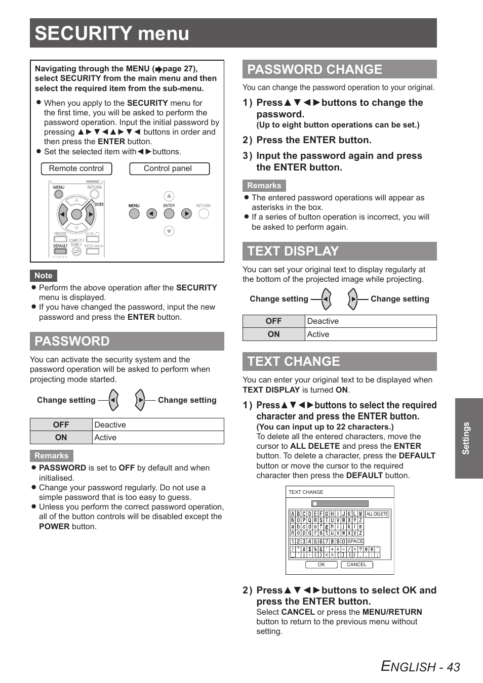 Security menu, Password, Password change | Text display, Text change, Nglish - 43 | Panasonic TQBJ0303-1 User Manual | Page 43 / 58