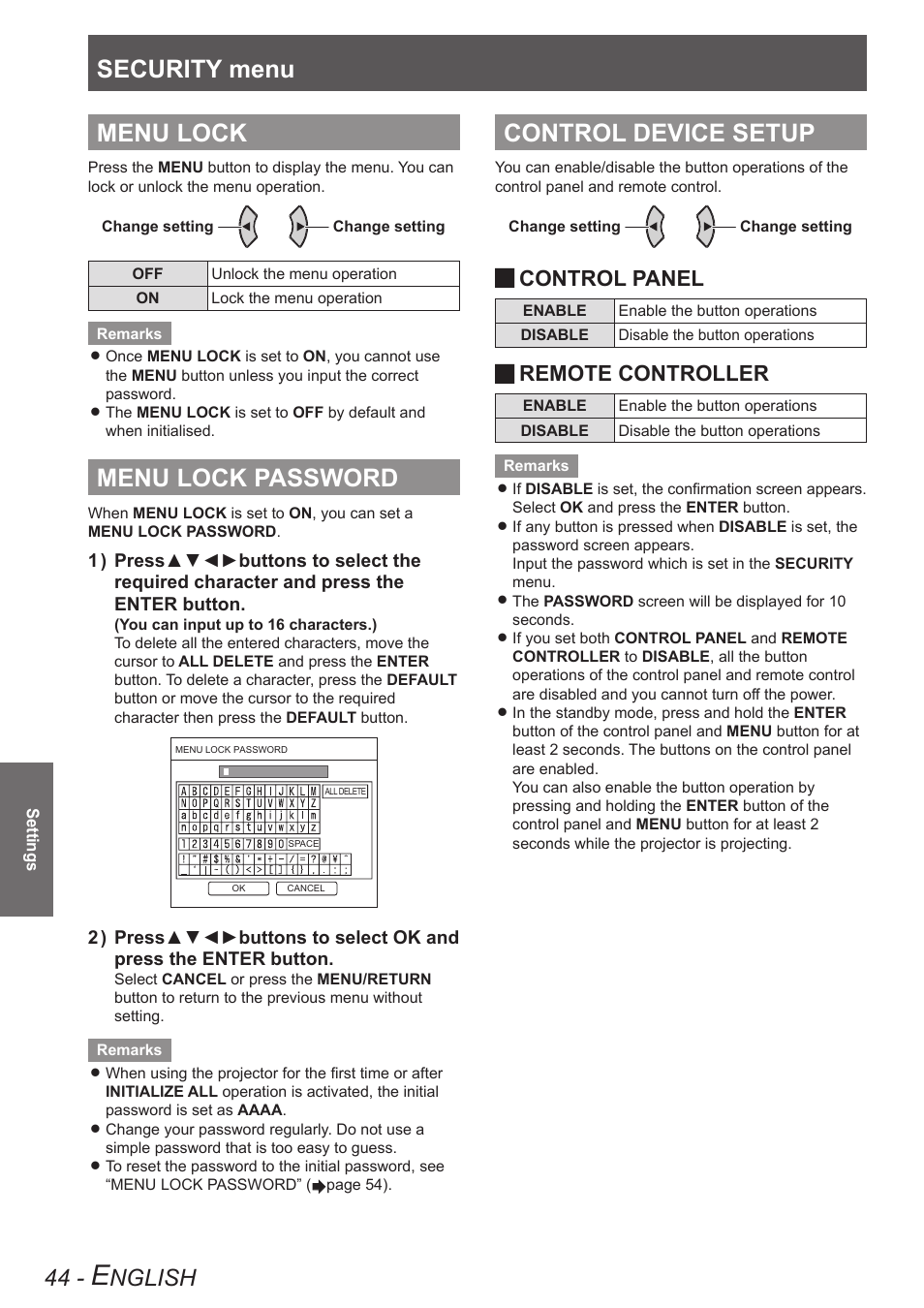 Menu lock, Menu lock password, Control device setup | Security menu, Nglish, Control panel, Remote controller | Panasonic TQBJ0303-1 User Manual | Page 44 / 58