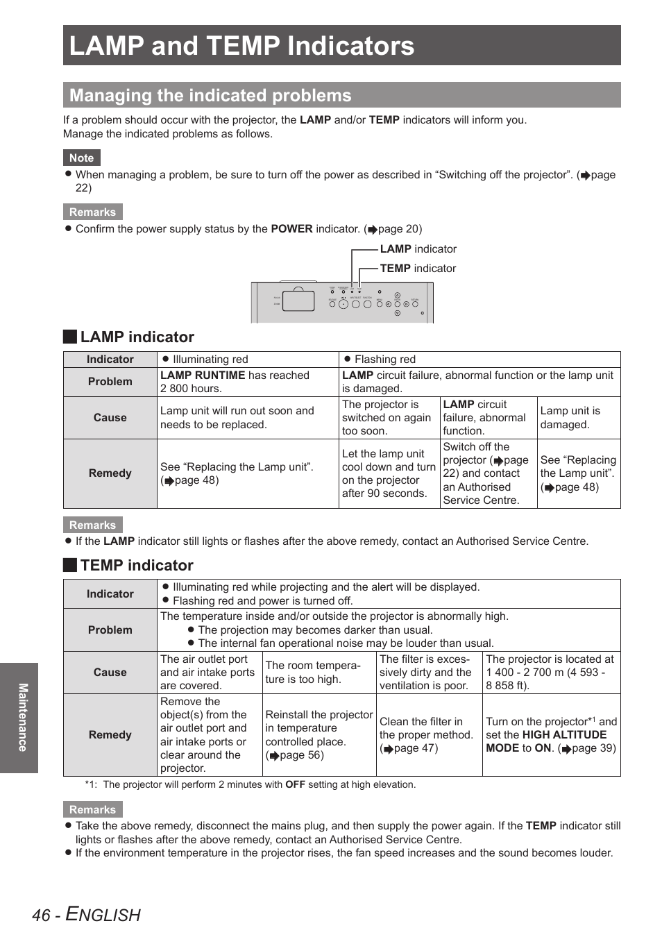 Maintenance, Lamp and temp indicators, Managing the indicated problems | Nglish, Lamp indicator, Temp indicator | Panasonic TQBJ0303-1 User Manual | Page 46 / 58