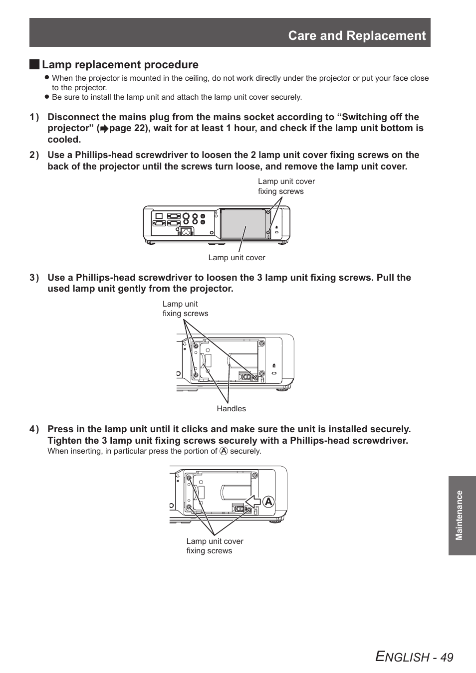 Care and replacement, Nglish - 49, Lamp replacement procedure | Panasonic TQBJ0303-1 User Manual | Page 49 / 58