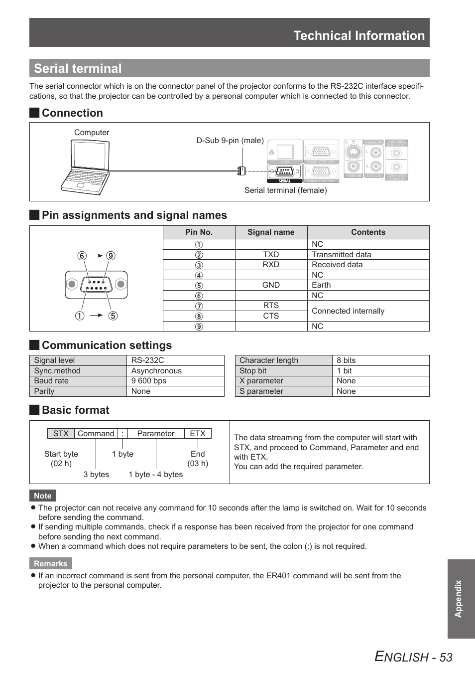 Serial terminal, Technical information, Nglish - 53 | Connection, Pin assignments and signal names, Communication settings, Basic format | Panasonic TQBJ0303-1 User Manual | Page 53 / 58