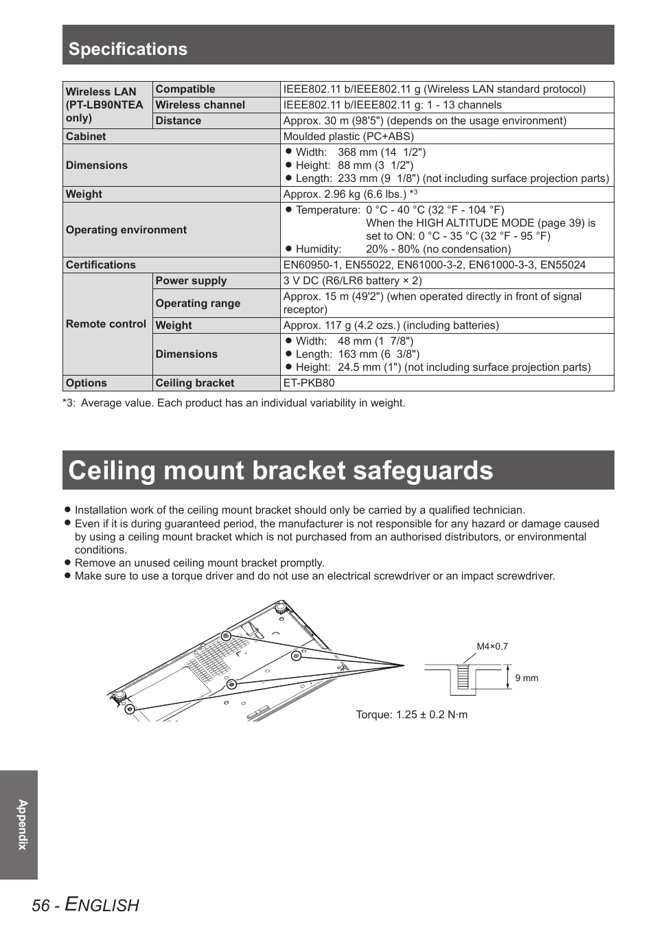 Ceiling mount bracket safeguards, Specifications, Nglish | Panasonic TQBJ0303-1 User Manual | Page 56 / 58
