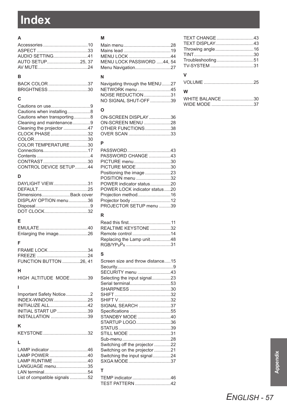 Index, Nglish - 57 | Panasonic TQBJ0303-1 User Manual | Page 57 / 58