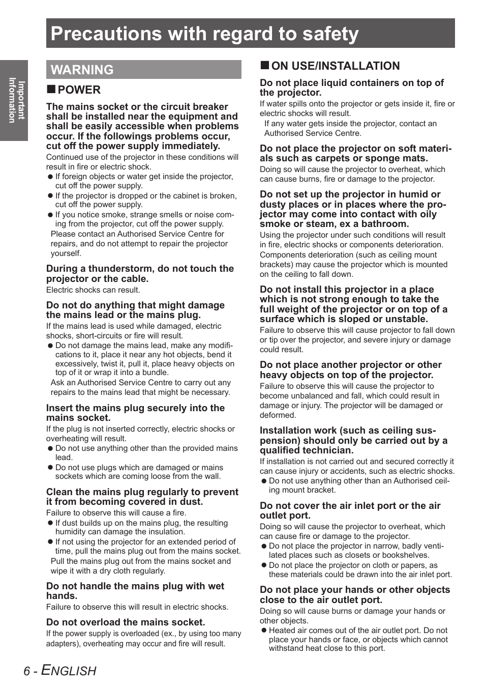 Precautions with regard to safety, Warning, Nglish | Power, On use/installation | Panasonic TQBJ0303-1 User Manual | Page 6 / 58
