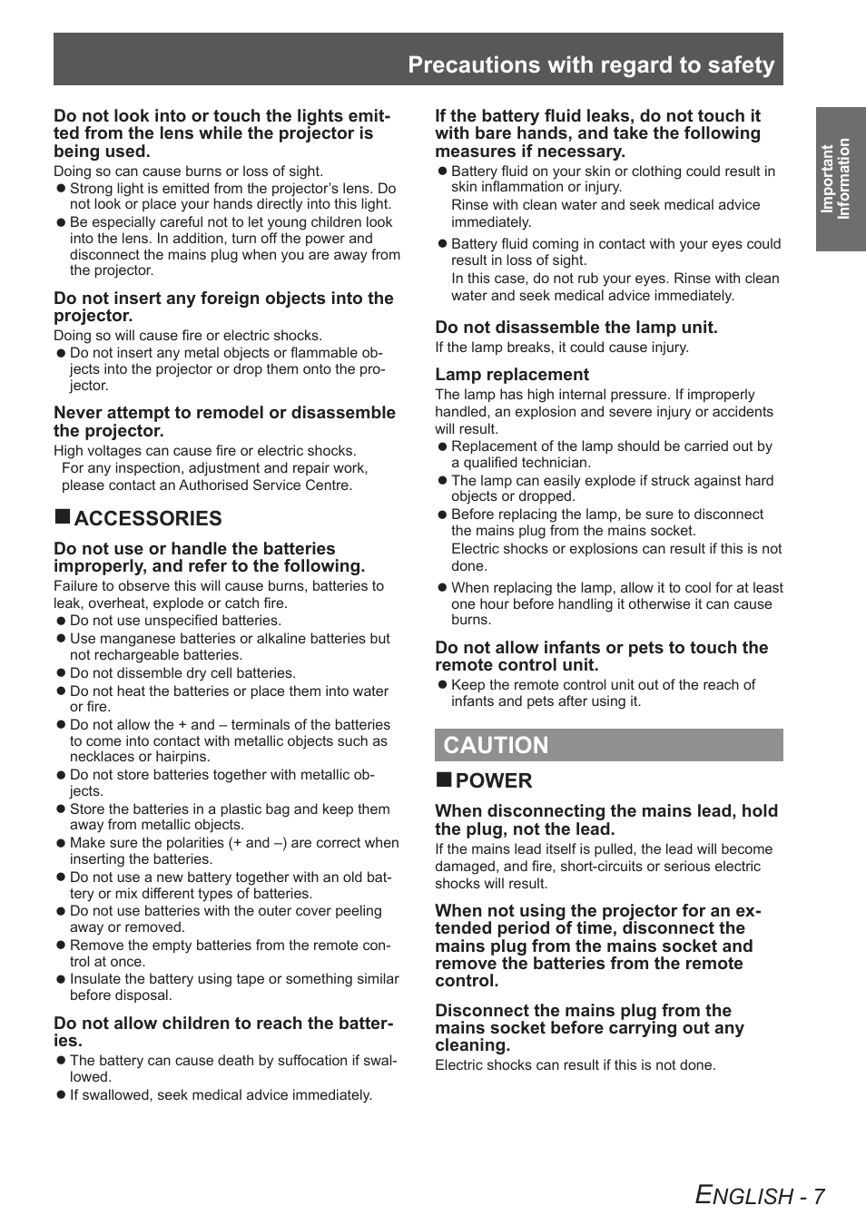 Caution, Precautions with regard to safety, Nglish - 7 | Accessories, Power | Panasonic TQBJ0303-1 User Manual | Page 7 / 58