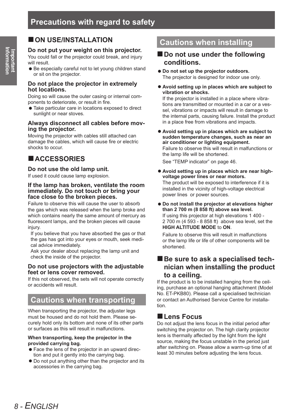 Cautions when transporting, Cautions when installing, Precautions with regard to safety | Nglish, On use/installation, Accessories, Do not use under the following  conditions, Lens focus | Panasonic TQBJ0303-1 User Manual | Page 8 / 58