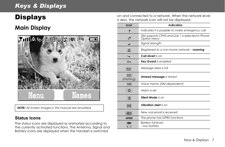 Displays, Keys & displays, Main display | Status icons | Panasonic G70 User Manual | Page 10 / 109