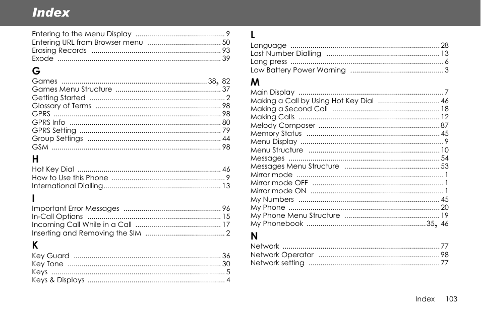 Index | Panasonic G70 User Manual | Page 106 / 109