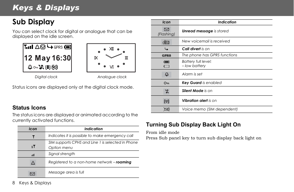 Keys & displays sub display, Status icons, Turning sub display back light on | Panasonic G70 User Manual | Page 11 / 109