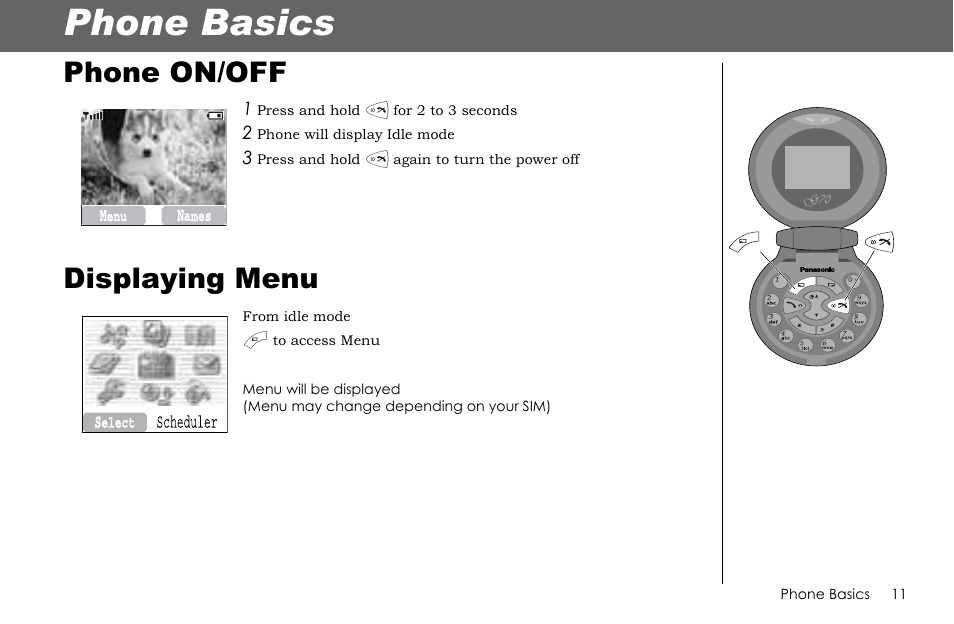 Phone basics, Phone on/off, Displaying menu | Panasonic G70 User Manual | Page 14 / 109