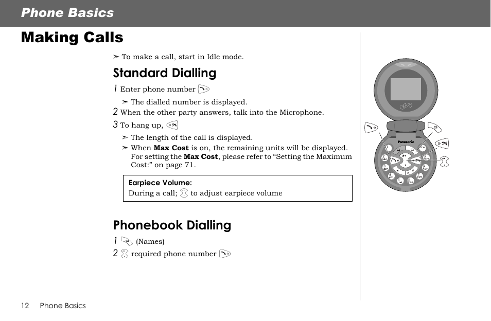 Making calls, Phone basics, Standard dialling | Phonebook dialling | Panasonic G70 User Manual | Page 15 / 109