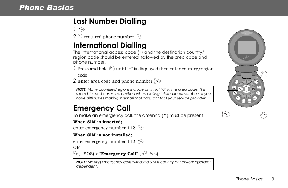 Phone basics last number dialling, International dialling, Emergency call | Panasonic G70 User Manual | Page 16 / 109