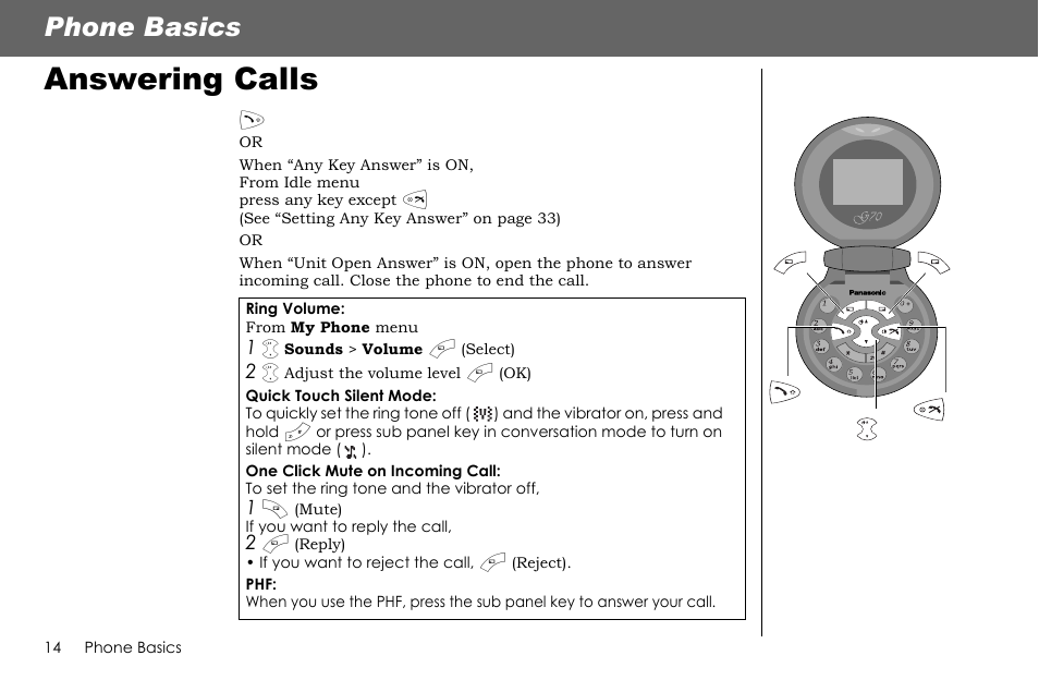 Answering calls, Phone basics | Panasonic G70 User Manual | Page 17 / 109