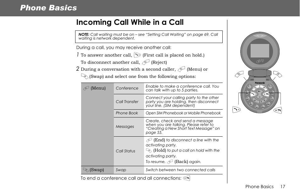 Phone basics incoming call while in a call | Panasonic G70 User Manual | Page 20 / 109