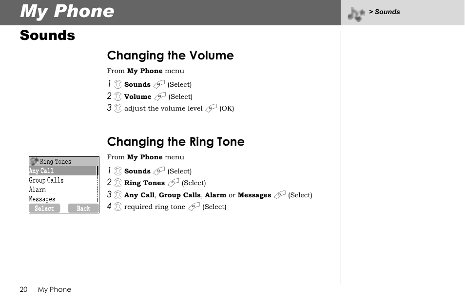 My phone, Sounds, Changing the volume | Changing the ring tone | Panasonic G70 User Manual | Page 23 / 109