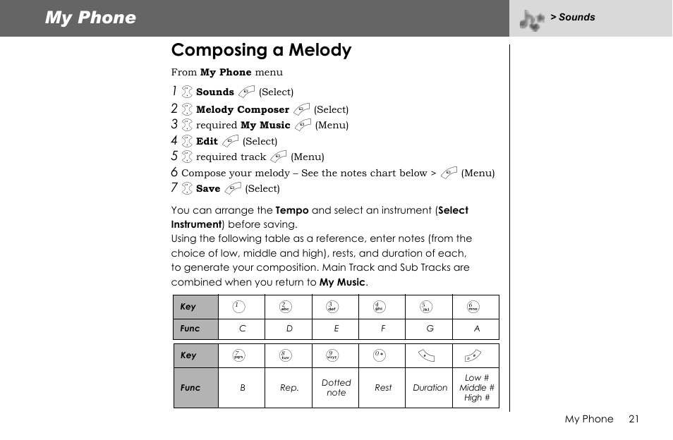 My phone, Composing a melody | Panasonic G70 User Manual | Page 24 / 109