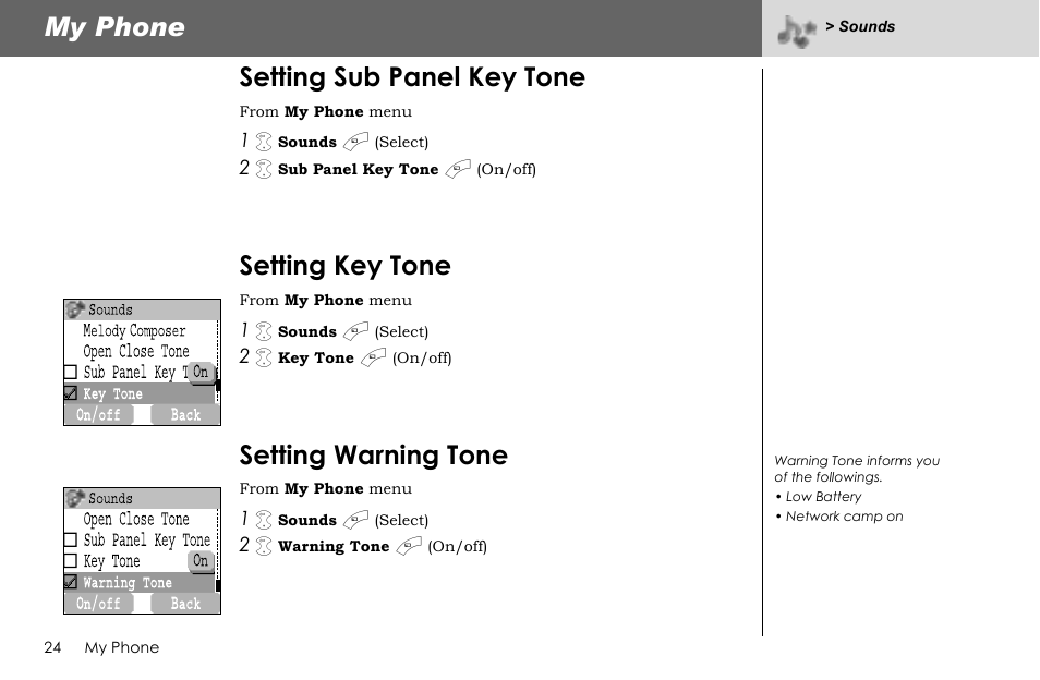 My phone, Setting sub panel key tone, Setting key tone | Setting warning tone | Panasonic G70 User Manual | Page 27 / 109