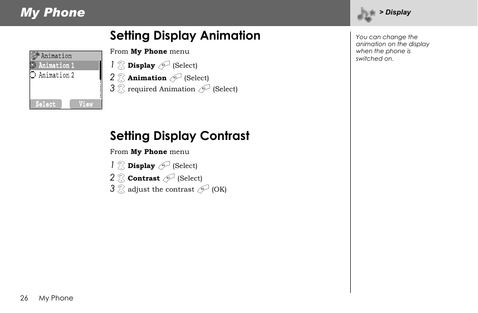 My phone, Setting display animation, Setting display contrast | Panasonic G70 User Manual | Page 29 / 109