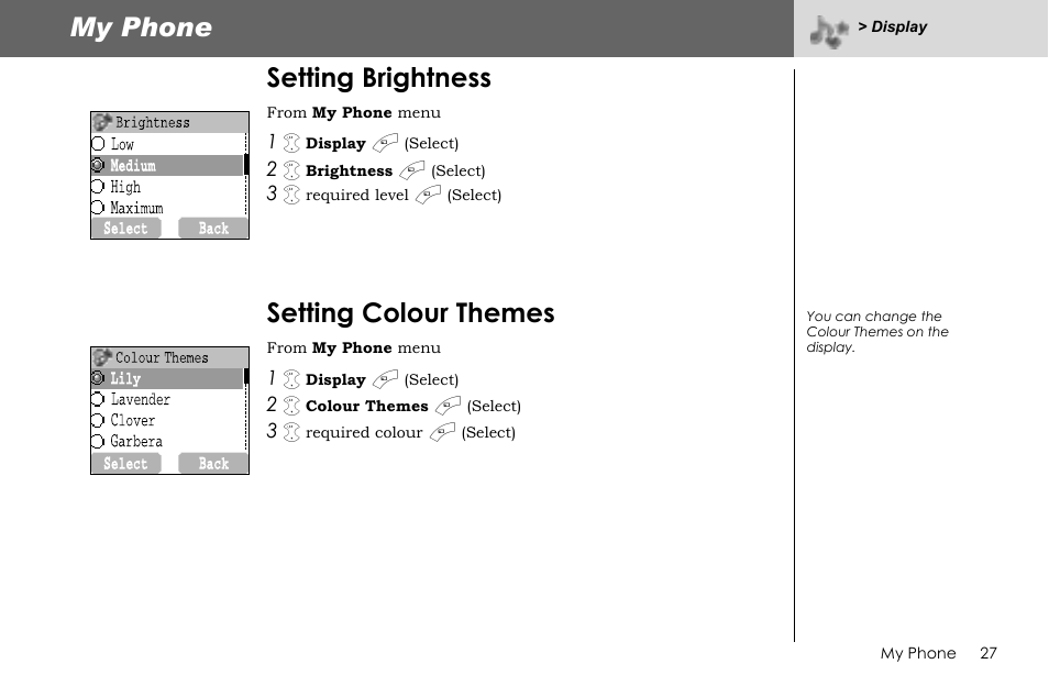 My phone, Setting brightness, Setting colour themes | Panasonic G70 User Manual | Page 30 / 109