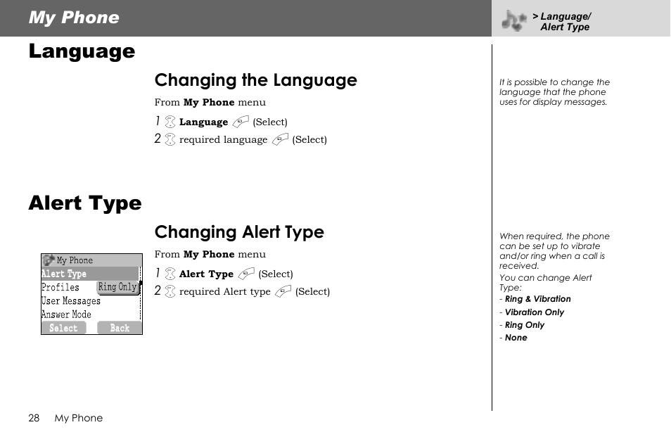 Language, Alert type, My phone | Changing the language, Changing alert type | Panasonic G70 User Manual | Page 31 / 109