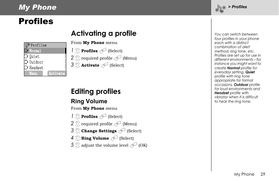 Profiles, My phone, Activating a profile | Editing profiles, Ring volume | Panasonic G70 User Manual | Page 32 / 109