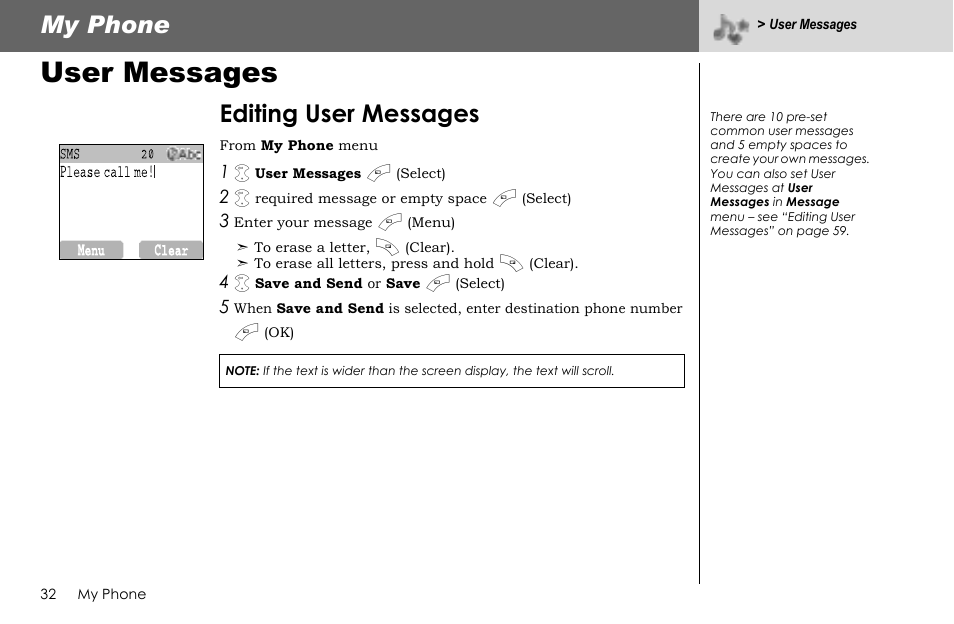 User messages, My phone, Editing user messages | Panasonic G70 User Manual | Page 35 / 109