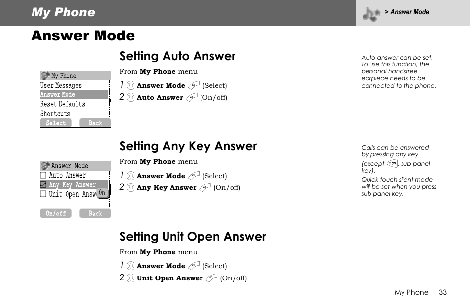 Answer mode, My phone, Setting auto answer | Setting any key answer, Setting unit open answer | Panasonic G70 User Manual | Page 36 / 109