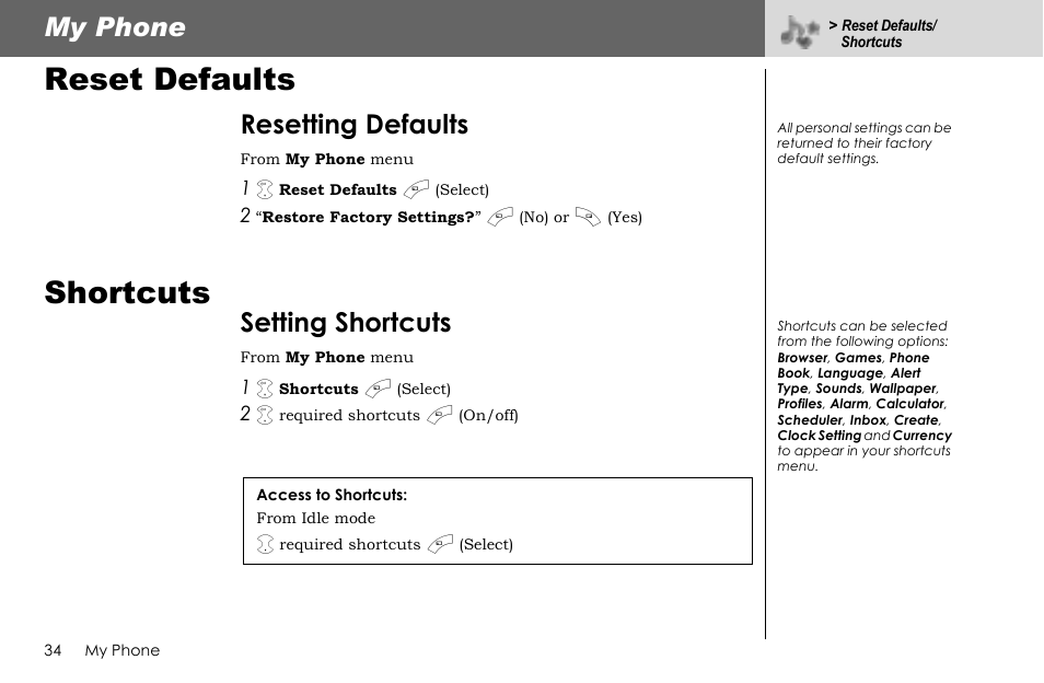 Reset defaults, Shortcuts, My phone | Resetting defaults, Setting shortcuts | Panasonic G70 User Manual | Page 37 / 109