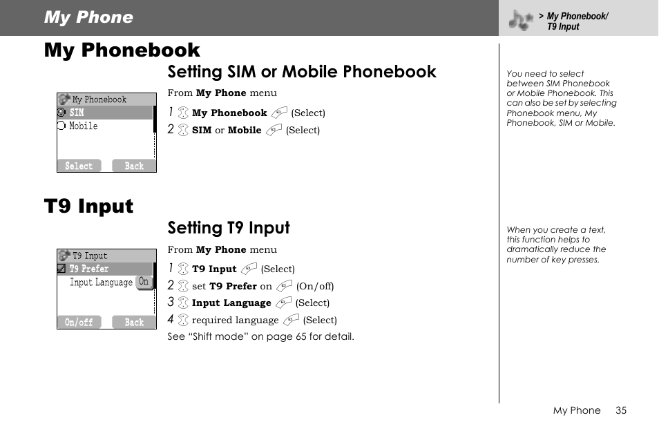 My phonebook, T9 input, My phone | Setting sim or mobile phonebook, Setting t9 input | Panasonic G70 User Manual | Page 38 / 109