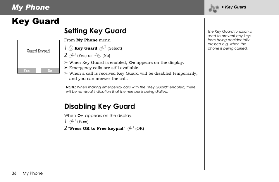 Key guard, My phone, Setting key guard | Disabling key guard | Panasonic G70 User Manual | Page 39 / 109