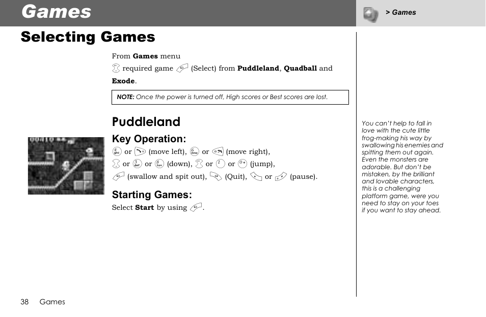 Games, Selecting games, Puddleland | Panasonic G70 User Manual | Page 41 / 109