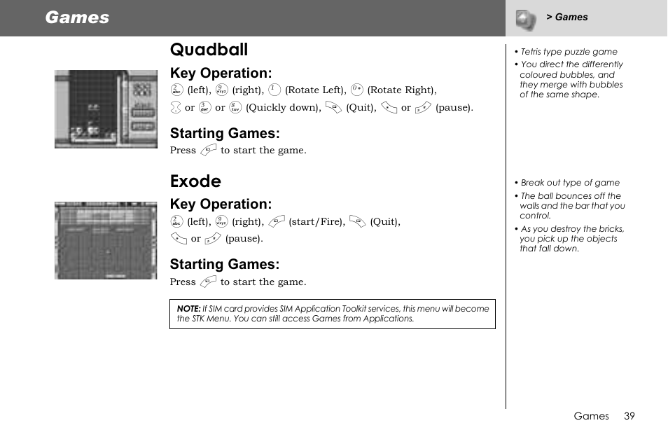 Games, Quadball, Exode | Panasonic G70 User Manual | Page 42 / 109