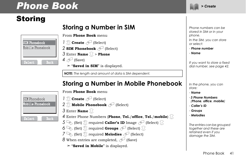 Phone book, Storing, Storing a number in sim | Storing a number in mobile phonebook | Panasonic G70 User Manual | Page 44 / 109