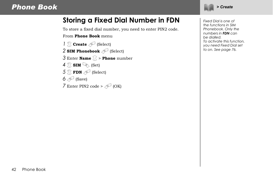 Phone book, Storing a fixed dial number in fdn | Panasonic G70 User Manual | Page 45 / 109