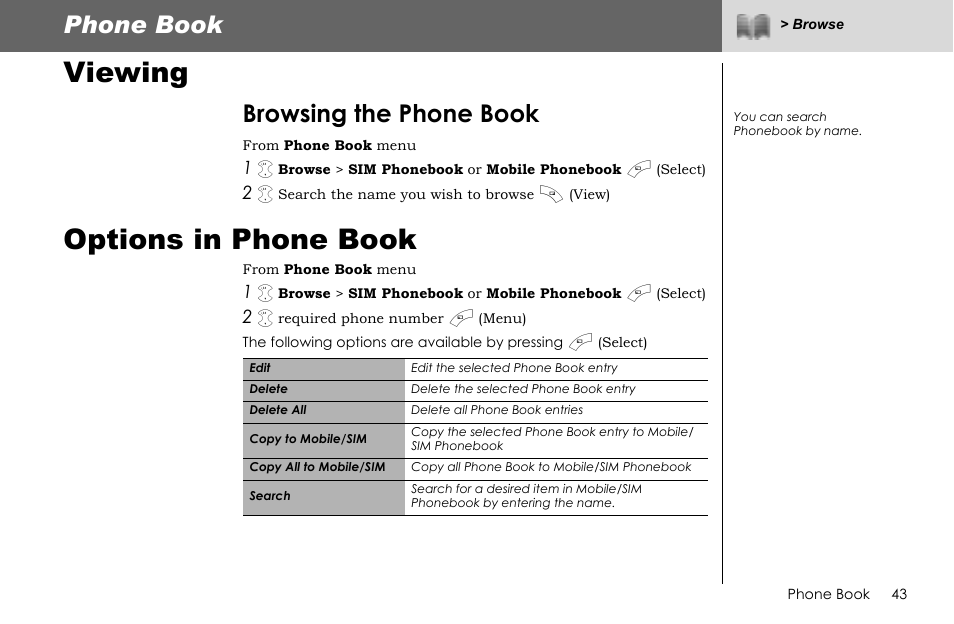 Viewing, Options in phone book, Phone book | Browsing the phone book | Panasonic G70 User Manual | Page 46 / 109