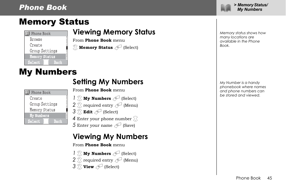 My numbers, Phone book, Setting my numbers | Viewing my numbers | Panasonic G70 User Manual | Page 48 / 109