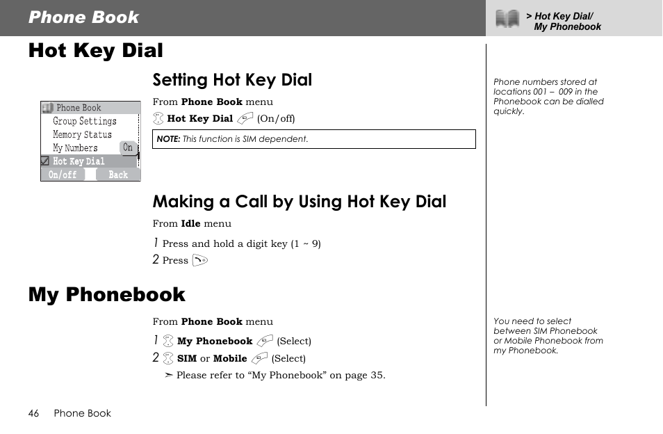 Hot key dial, My phonebook, Phone book | Setting hot key dial, Making a call by using hot key dial | Panasonic G70 User Manual | Page 49 / 109