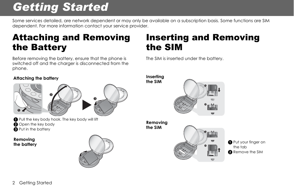 Getting started, Attaching and removing the battery, Inserting and removing the sim | Panasonic G70 User Manual | Page 5 / 109