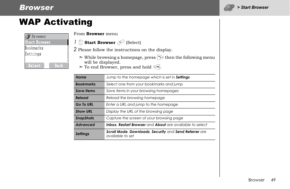 Wap activating, Browser | Panasonic G70 User Manual | Page 52 / 109