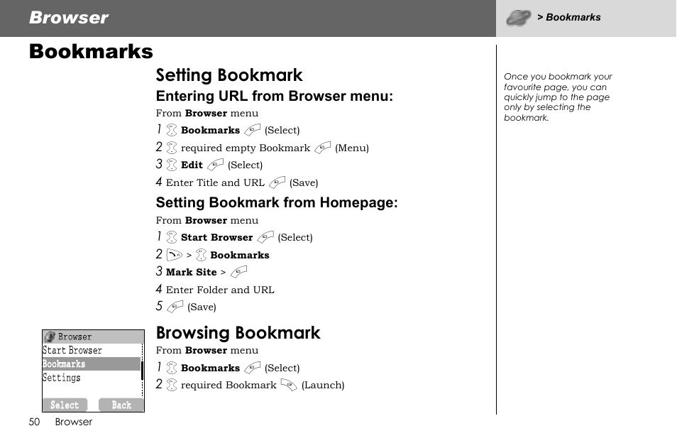 Bookmarks, Browser, Setting bookmark | Browsing bookmark | Panasonic G70 User Manual | Page 53 / 109