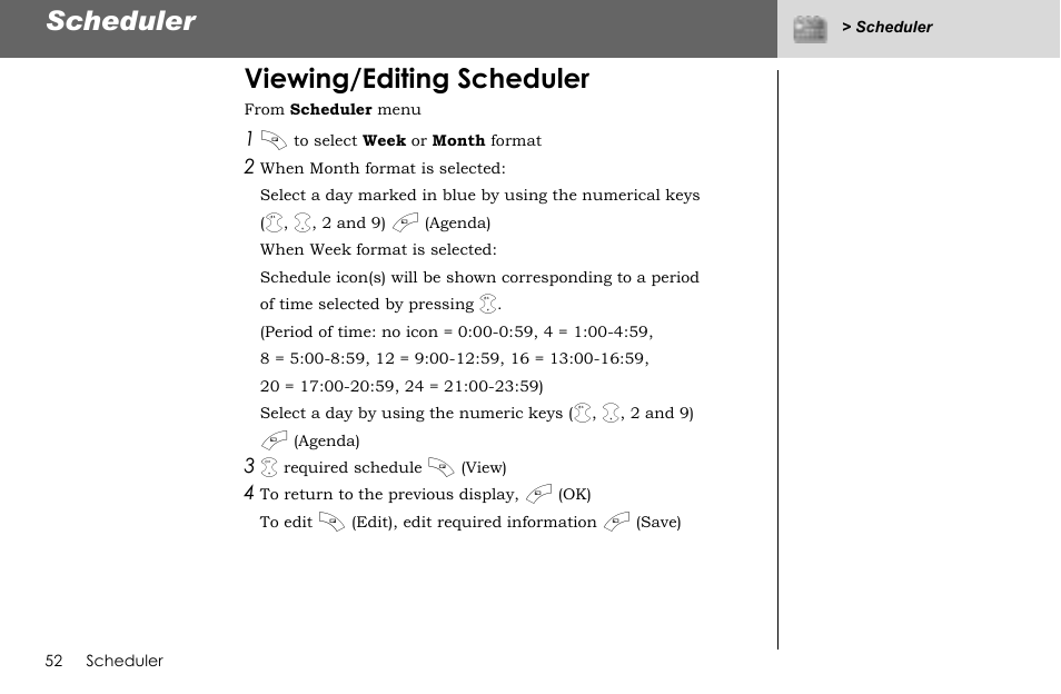 Scheduler, Viewing/editing scheduler | Panasonic G70 User Manual | Page 55 / 109